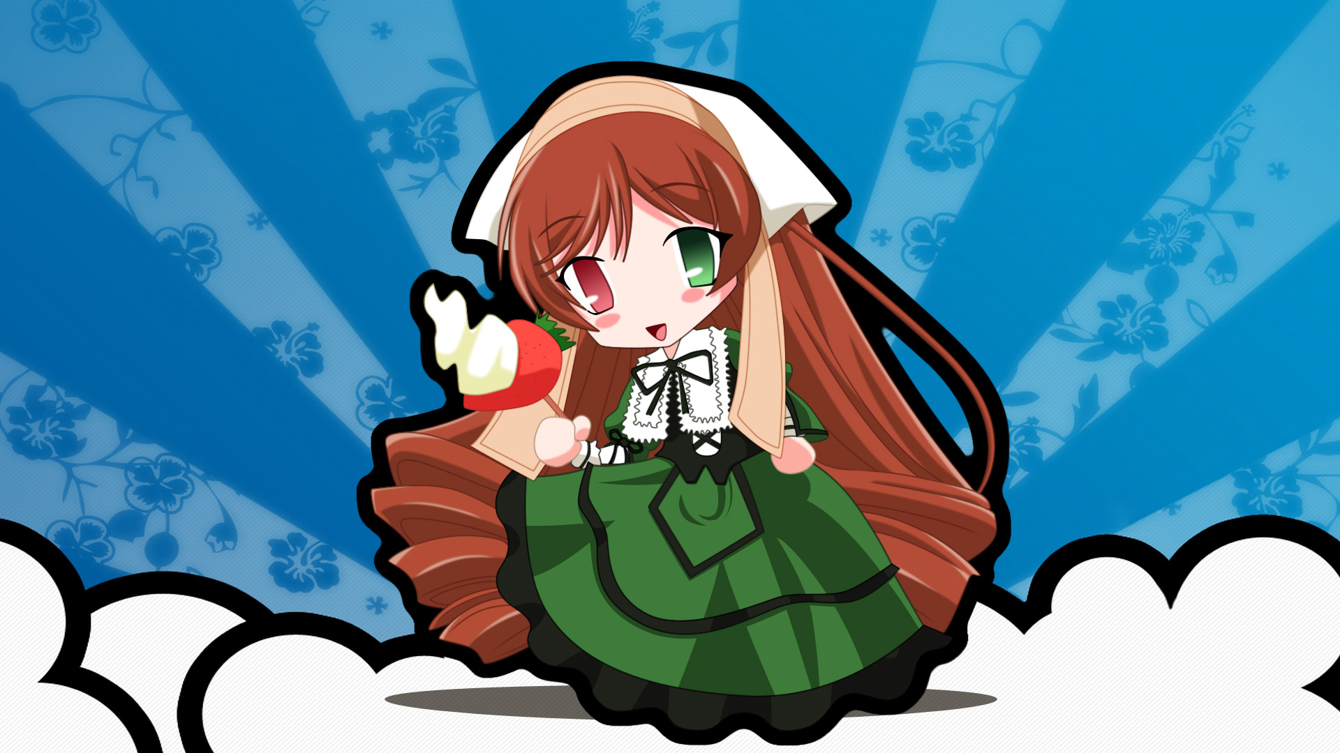 Suiseiseki from Rozen Maiden, a character with green hair, holding a watering can in a garden.