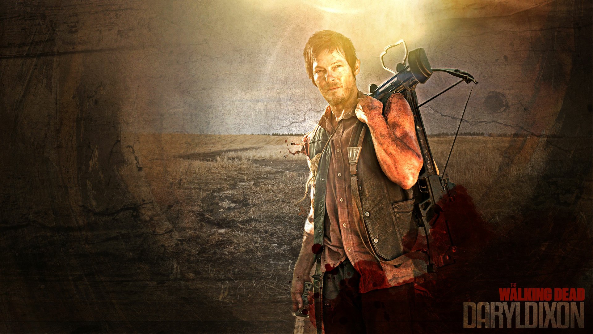 HD desktop wallpaper of Daryl Dixon from the TV show The Walking Dead, featuring him holding his signature crossbow against a gritty, textured background.