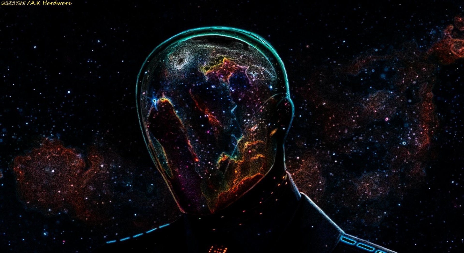 An abstract Sci-Fi image featuring a figure with a cosmic head against a backdrop of vibrant stars and galaxies, serving as a striking HD desktop wallpaper.