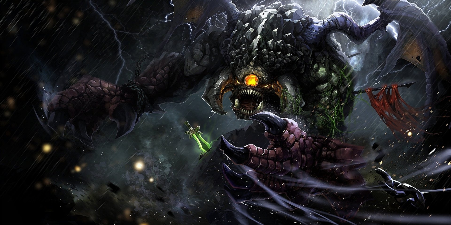A dramatic HD wallpaper featuring a menacing creature from DotA 2, set against a stormy backdrop, showcasing vibrant colors and intense action.