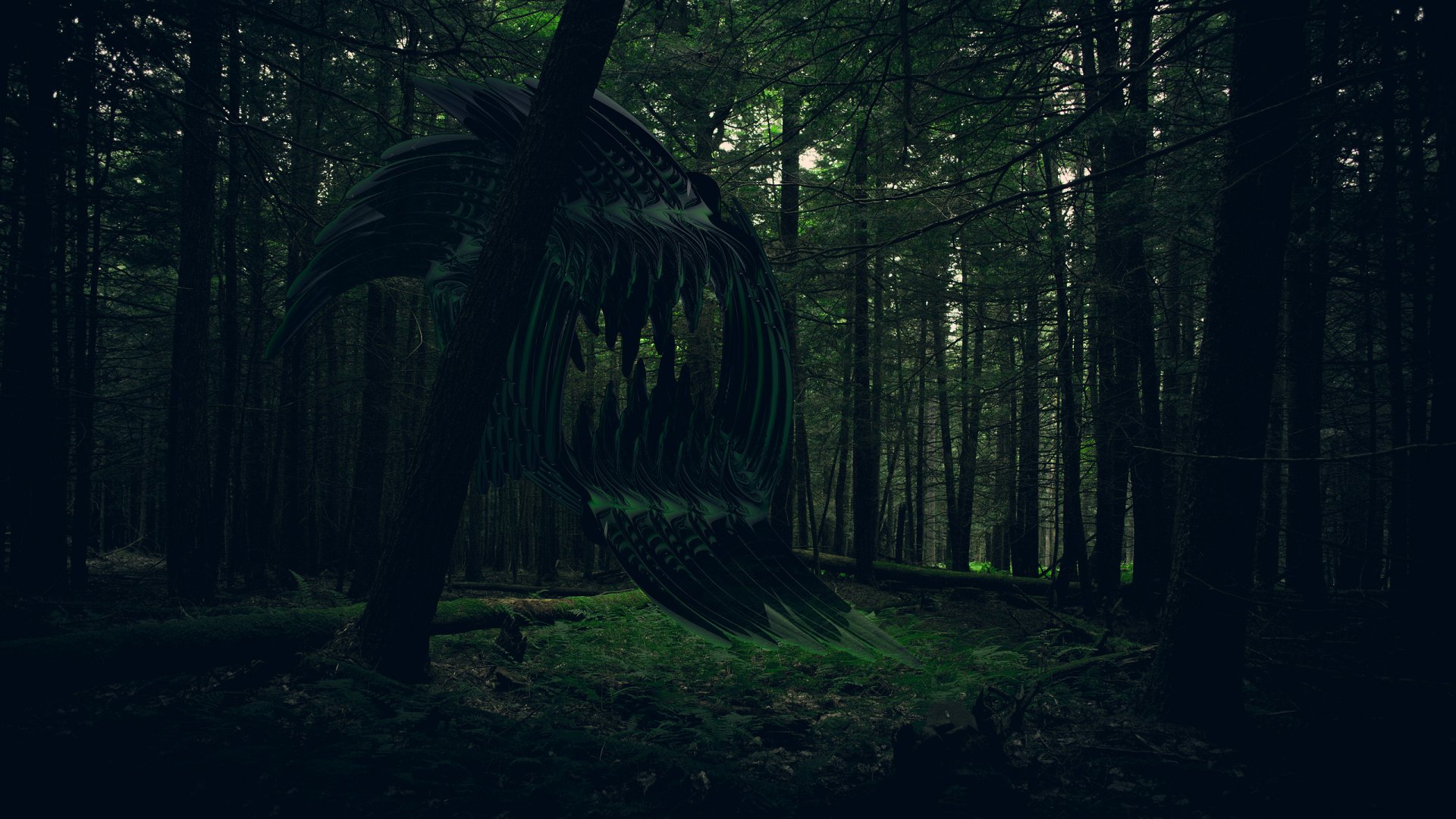 Abstract 3D artwork: dark misty forest with a large floating organic sculpture dripping luminescent green strands — 2K Quad HD PC desktop wallpaper/background.