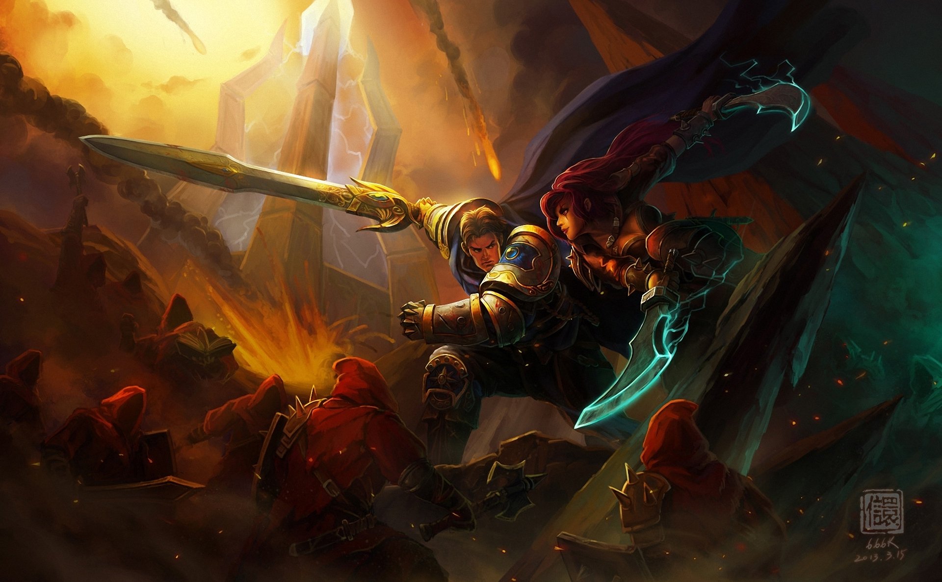 Katarina and Garen from League of Legends engage in an intense battle amidst a dramatic, fiery backdrop. This HD wallpaper captures the epic feel of the video game.
