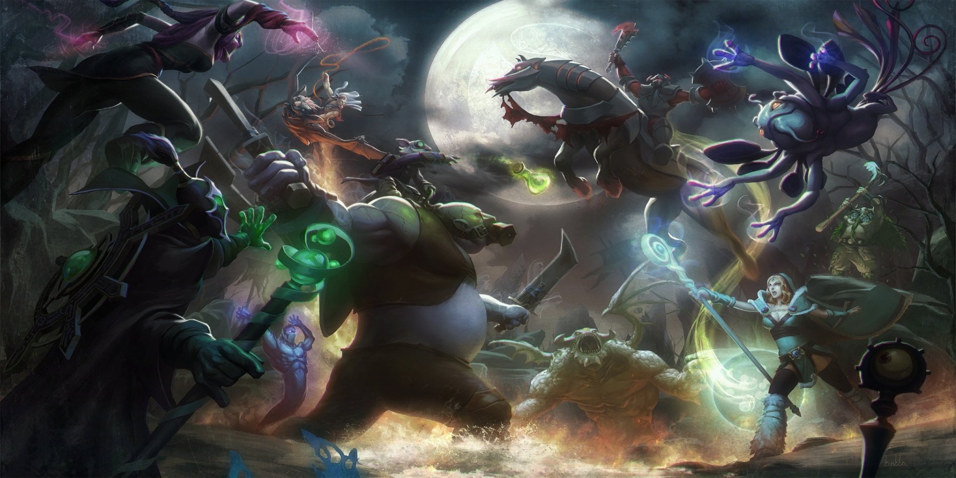 A dynamic HD wallpaper featuring intense action from DotA 2, showcasing iconic heroes battling under a full moon, surrounded by mystical energy and ominous creatures.