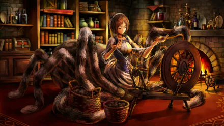 HD PC desktop wallpaper from the video game Dragon's Crown, depicting a character spinning thread beside a large spider in a cozy, book-filled room.