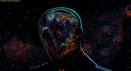 An abstract Sci-Fi image featuring a figure with a cosmic head against a backdrop of vibrant stars and galaxies, serving as a striking HD desktop wallpaper.