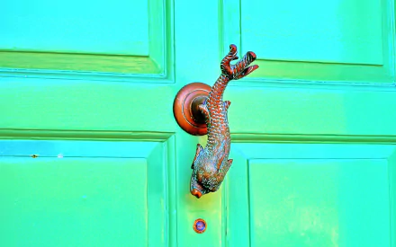 HD wallpaper featuring a man-made door with a unique door knocker shaped like a lizard on a vibrant green panel.