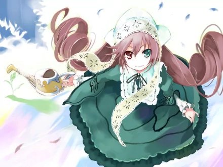 HD PC desktop wallpaper featuring Suiseiseki from Rozen Maiden in detailed anime style, with soft colors and flowing dress against a bright sky background.