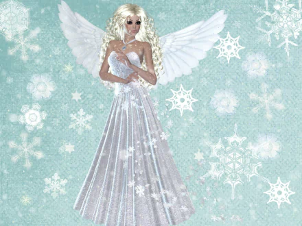 Fantasy-themed HD PC desktop wallpaper depicting a radiant angel with white wings and a flowing gown, surrounded by intricate snowflakes on a soft blue background.