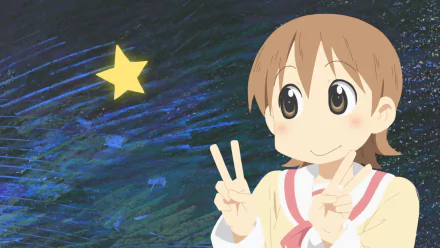 Anime character Yuuko Aioi from Nichijō flashes a double peace sign against a starry, textured blue background in this HD PC desktop wallpaper.