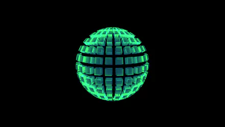 Abstract HD desktop wallpaper featuring a glowing green spherical shape composed of illuminated square facets against a black background.