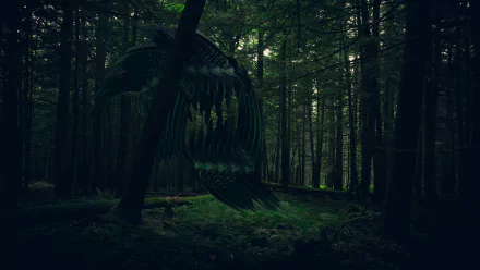 Abstract 3D artwork: dark misty forest with a large floating organic sculpture dripping luminescent green strands — 2K Quad HD PC desktop wallpaper/background.