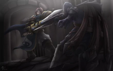 HD desktop wallpaper featuring Garen and Talon from League of Legends, engaged in an intense battle within a dark, medieval setting.