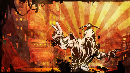HD PC desktop wallpaper of Lee Sin from League of Legends (video game): stylized blind monk with a bird mask in a dynamic pose against an orange sunburst and grunge textures.
