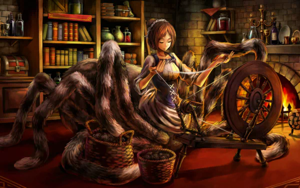 HD PC desktop wallpaper from the video game Dragon's Crown, depicting a character spinning thread beside a large spider in a cozy, book-filled room.