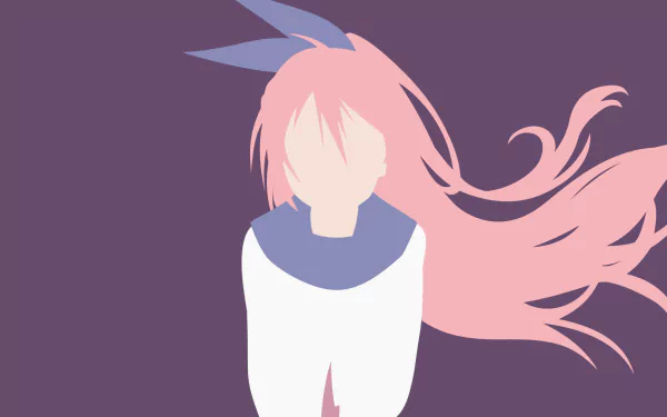 Minimalist HD anime-style wallpaper of Chitoge Kirisaki from Nisekoi with flowing pink hair and a sailor-style outfit against a solid purple background.