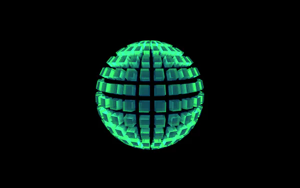 Abstract HD desktop wallpaper featuring a glowing green spherical shape composed of illuminated square facets against a black background.