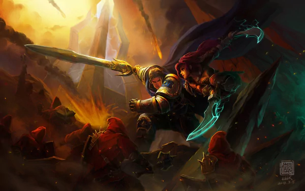 Katarina and Garen from League of Legends engage in an intense battle amidst a dramatic, fiery backdrop. This HD wallpaper captures the epic feel of the video game.
