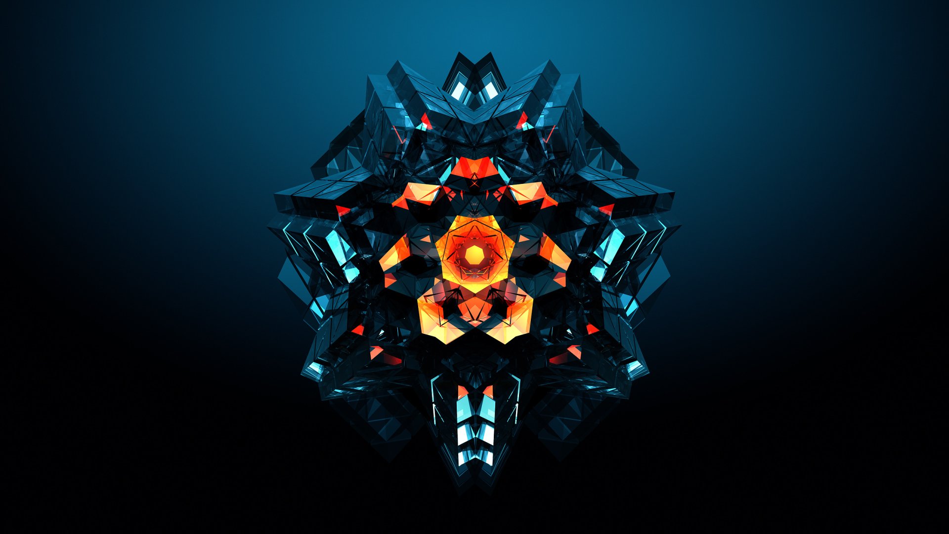 Abstract geometric facets in vibrant blue and orange hues form a symmetrical, intricate design on a dark background, creating a striking HD PC desktop wallpaper.