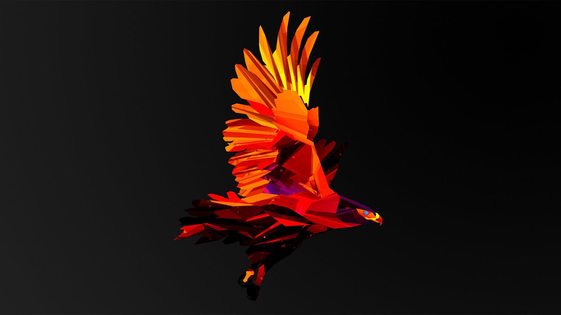 Abstract eagle composed of vibrant, angular facets in shades of orange and red, set against a dark background, designed as an HD PC desktop wallpaper and background.