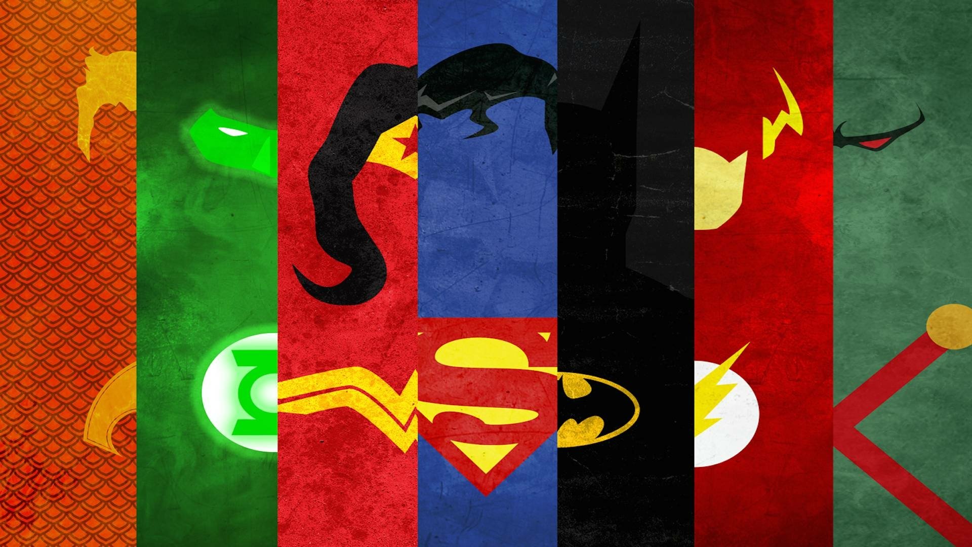 HD PC desktop wallpaper featuring stylized, vertical strips of Martian Manhunter, Wonder Woman, Superman, Batman, Flash, Green Lantern, and Aquaman from the Justice League comics.
