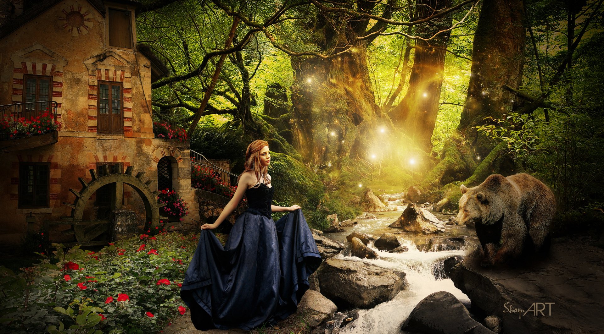 HD fantasy wallpaper featuring a woman in a blue gown sitting by a stream in an enchanted forest, with a bear and sunlight filtering through trees.