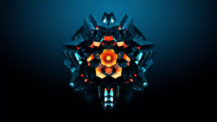 Abstract geometric facets in vibrant blue and orange hues form a symmetrical, intricate design on a dark background, creating a striking HD PC desktop wallpaper.