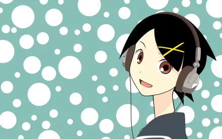 HD anime desktop wallpaper featuring Kafuka Fuura from Sayonara Zetsubou-Sensei wearing headphones against a blue background with white polka dots.