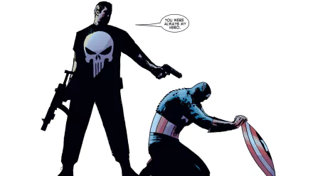 HD comic-style PC desktop wallpaper featuring The Punisher standing with a gun, confronting a kneeling Captain America holding his shield.
