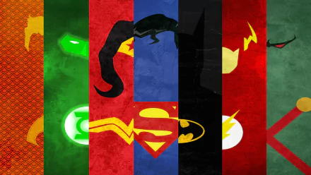 HD PC desktop wallpaper featuring stylized, vertical strips of Martian Manhunter, Wonder Woman, Superman, Batman, Flash, Green Lantern, and Aquaman from the Justice League comics.