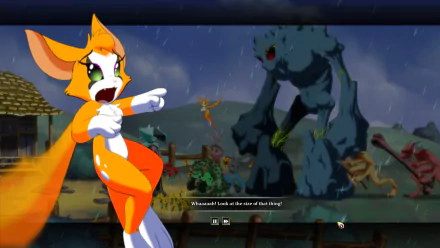 HD wallpaper from Dust: An Elysian Tail game, featuring the character Fidget against a monstrous foe in a vibrant, animated scene.