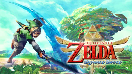 HD PC desktop wallpaper for the video game The Legend of Zelda: Skyward Sword, featuring Link mid-swing with a glowing sword, the Skyloft tree and Triforce logo against a bright blue sky.