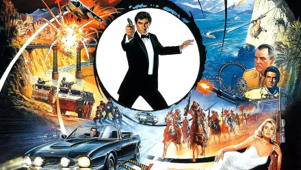 HD desktop wallpaper featuring Timothy Dalton as James Bond from The Living Daylights, with characters Kara Milovy and Maryam d'Abo in an action-packed movie collage.