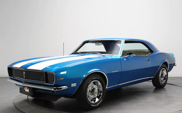 A blue Chevrolet Camaro Z28 RS with white racing stripes, showcased as an HD PC desktop wallpaper and background.