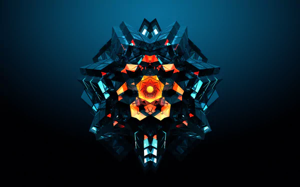 Abstract geometric facets in vibrant blue and orange hues form a symmetrical, intricate design on a dark background, creating a striking HD PC desktop wallpaper.