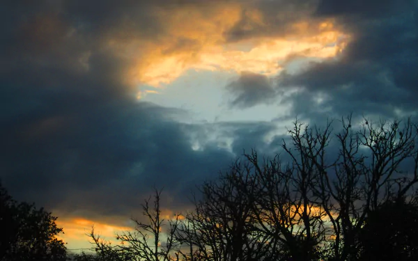 Nature cloud scene at sunset with silhouetted trees and a glowing break in storm clouds — 4K Ultra HD PC desktop wallpaper and background.