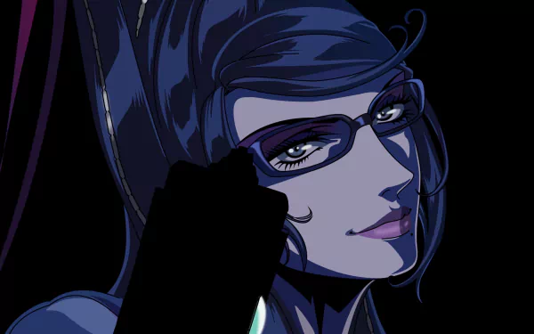 HD PC desktop wallpaper featuring Bayonetta, the iconic video game character, with a close-up of her face framed by glasses and dark hair.