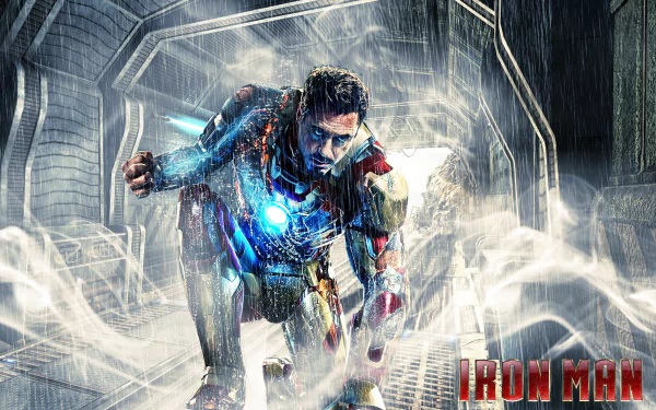 A dynamic HD desktop wallpaper featuring Iron Man from Iron Man 3, showcasing him in an intense moment with smoke and dramatic lighting in a futuristic setting.