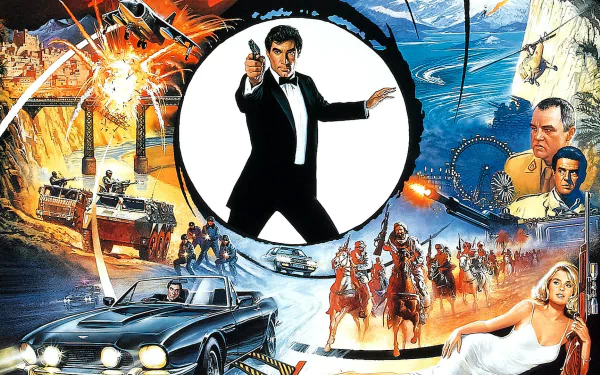 HD desktop wallpaper featuring Timothy Dalton as James Bond from The Living Daylights, with characters Kara Milovy and Maryam d'Abo in an action-packed movie collage.