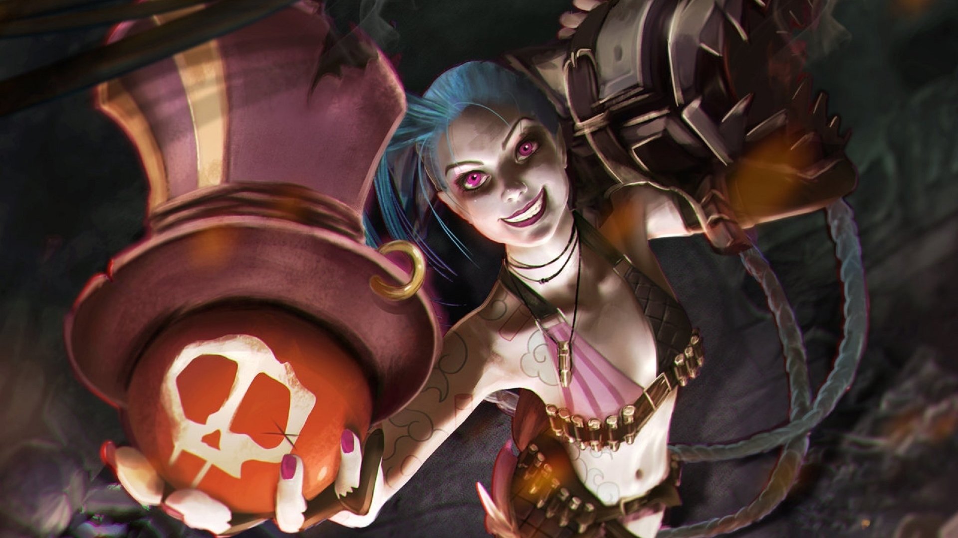HD desktop wallpaper featuring Jinx from League of Legends, holding a weapon with a playful, menacing smirk.