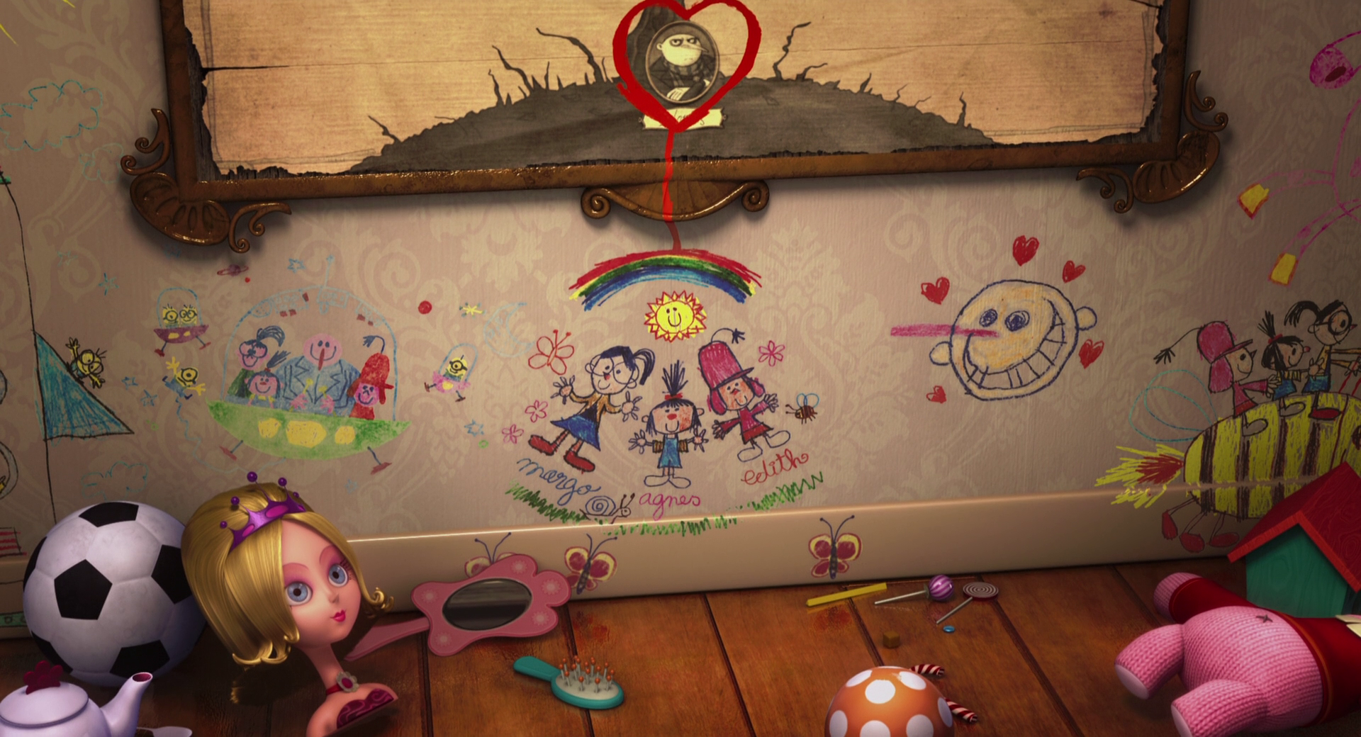 HD PC desktop wallpaper and background from the movie Despicable Me: a child's messy bedroom with toys on the floor, colorful wall doodles and a heart-shaped clock.