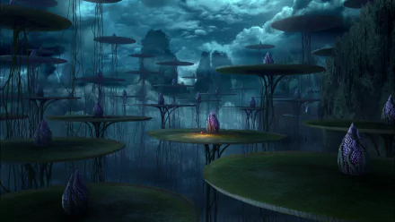 HD PC desktop wallpaper from the movie Dragon Hunters, featuring floating platforms and a mysterious character under a moody, cloudy sky.