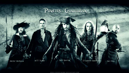 HD desktop wallpaper featuring characters from the movie Pirates of the Caribbean, including Hector Barbossa, Will Turner, Jack Sparrow, Elizabeth Swann, and Sao Feng, against a stormy background.