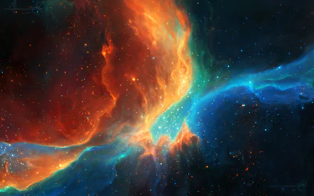 HD desktop wallpaper featuring a vibrant sci-fi nebula with swirling orange and blue hues set against a starry space background.