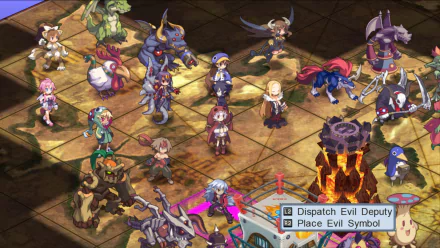 HD wallpaper of characters from Disgaea 3: Absence of Justice gathered in a strategic game scene.