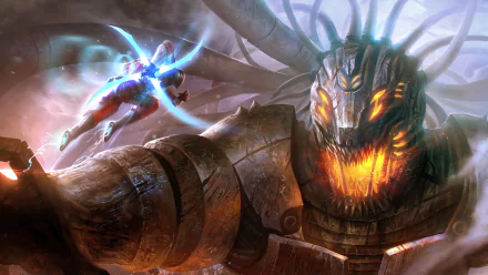 HD PC desktop wallpaper depicting a sci-fi warrior confronting a fiery, colossal robotic creature in an intense battle scene.