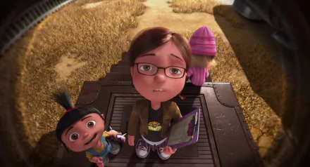 HD desktop wallpaper featuring Margo, Edith, and Agnes from the movie Despicable Me looking up with curious expressions in a vibrant outdoor setting.