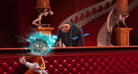 HD PC desktop wallpaper featuring Gru and Vector from the movie Despicable Me in a dramatic scene inside a lavish staircase setting.