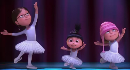 Three characters from Despicable Me—Margo, Agnes, and Edith—performing ballet on stage, captured in a colorful HD wallpaper background.