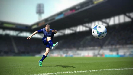 Action-packed scene from FIFA 14 featuring a player striking a soccer ball on a vibrant green field, under stadium lights, designed as an HD PC desktop wallpaper.