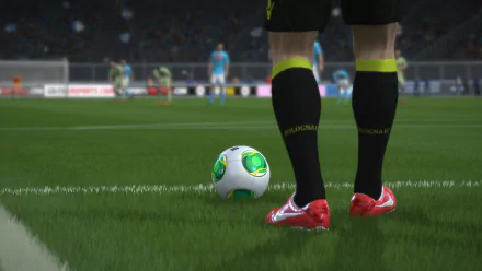 A player stands near a corner flag, poised to take a kick, with a vibrant soccer ball on the field. This HD wallpaper captures the excitement of FIFA 14 gameplay.